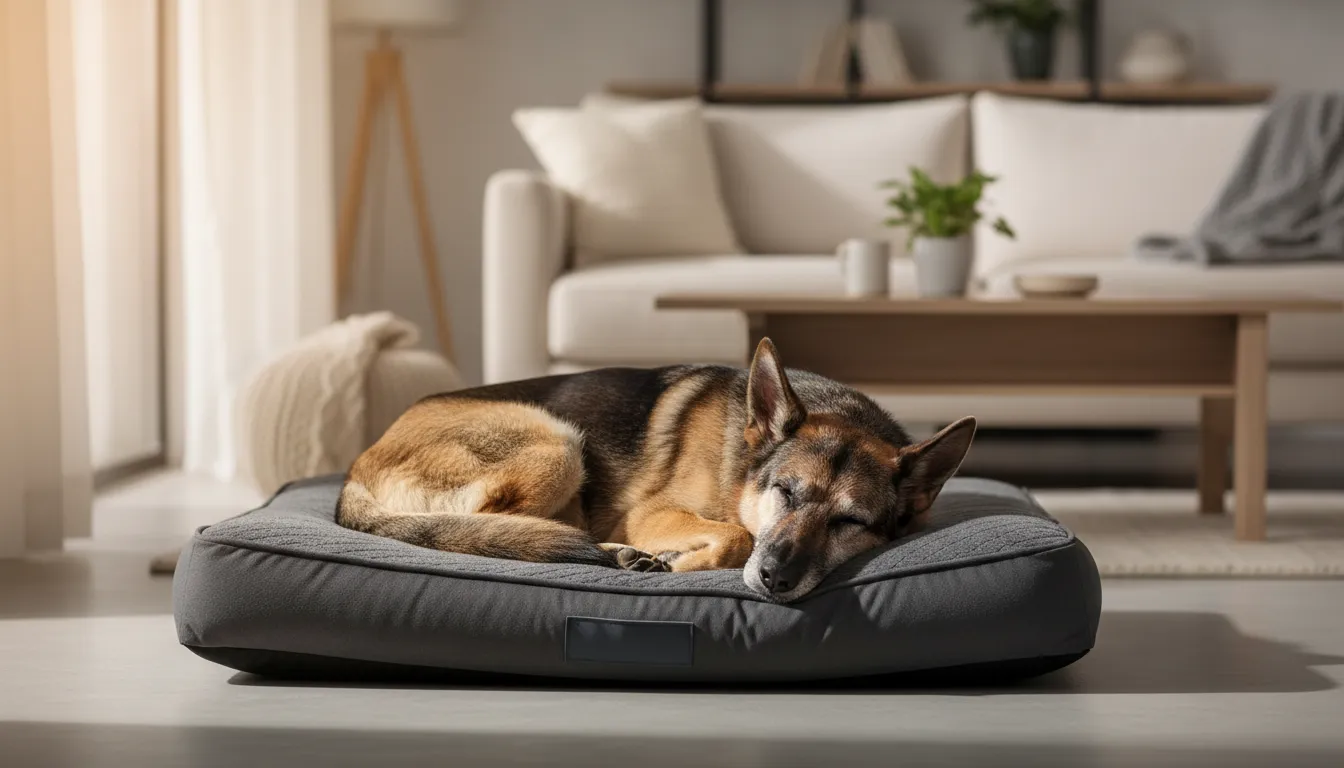 Perro mayor descansando cómodamente en una cama ortopédica de alta gama en un salón moderno y tranquilo
