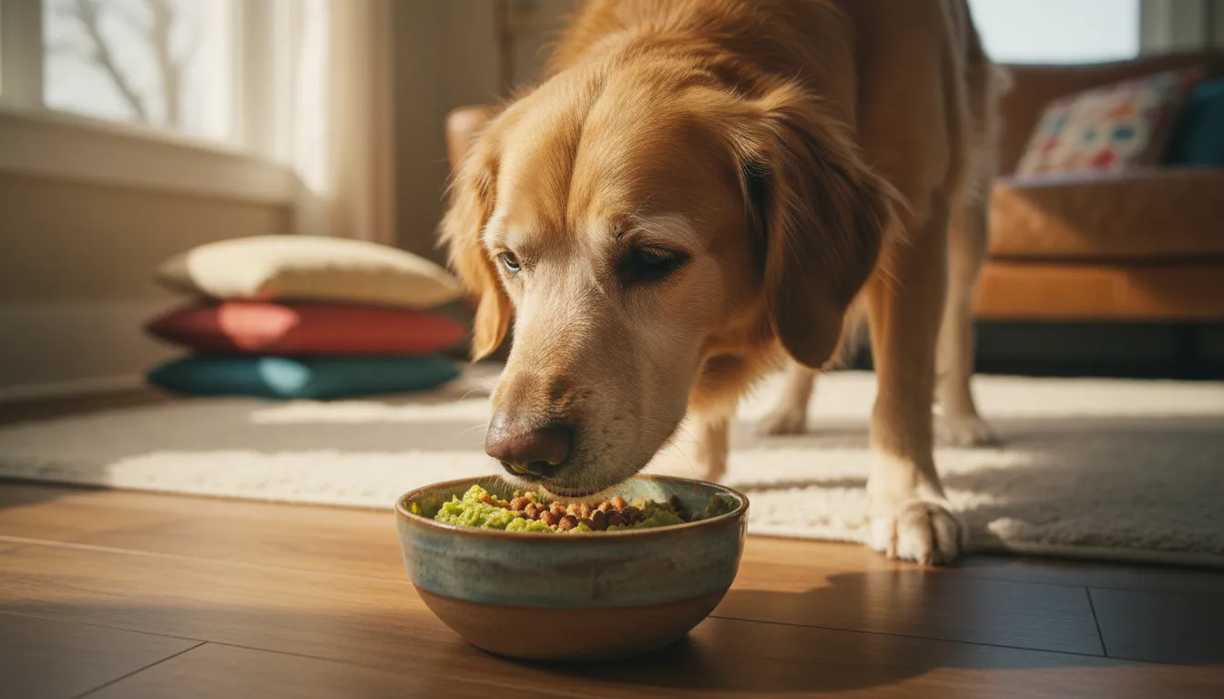 Perro senior comiendo tranquilamente de un plato con suplementos naturales de fibra