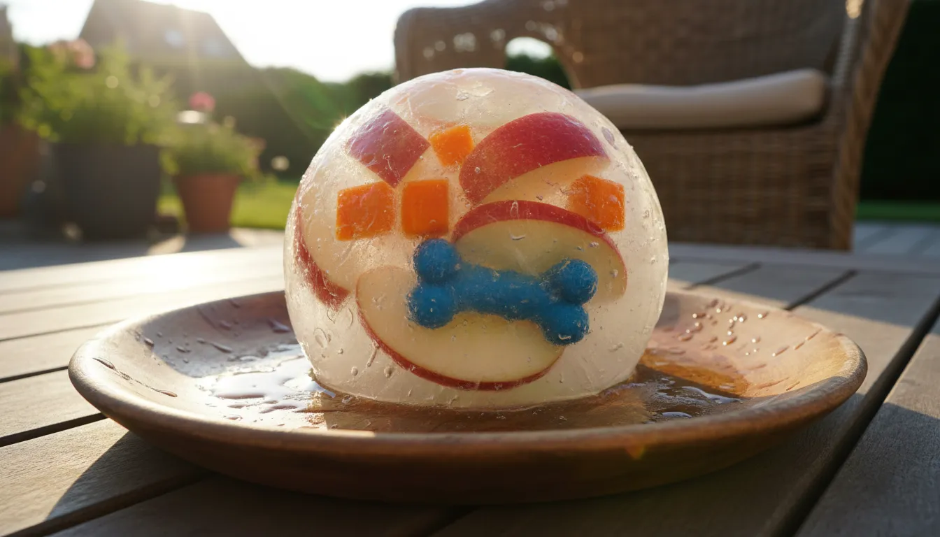 Bloque de hielo grande con juguetes y trozos de fruta congelados en su interior para perros