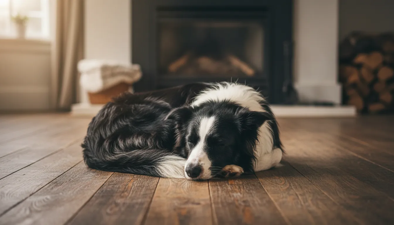 Collage fotográfico de alta calidad mostrando un perro durmiendo en tres posiciones distintas: hecho un ovillo, de lado y boca arriba