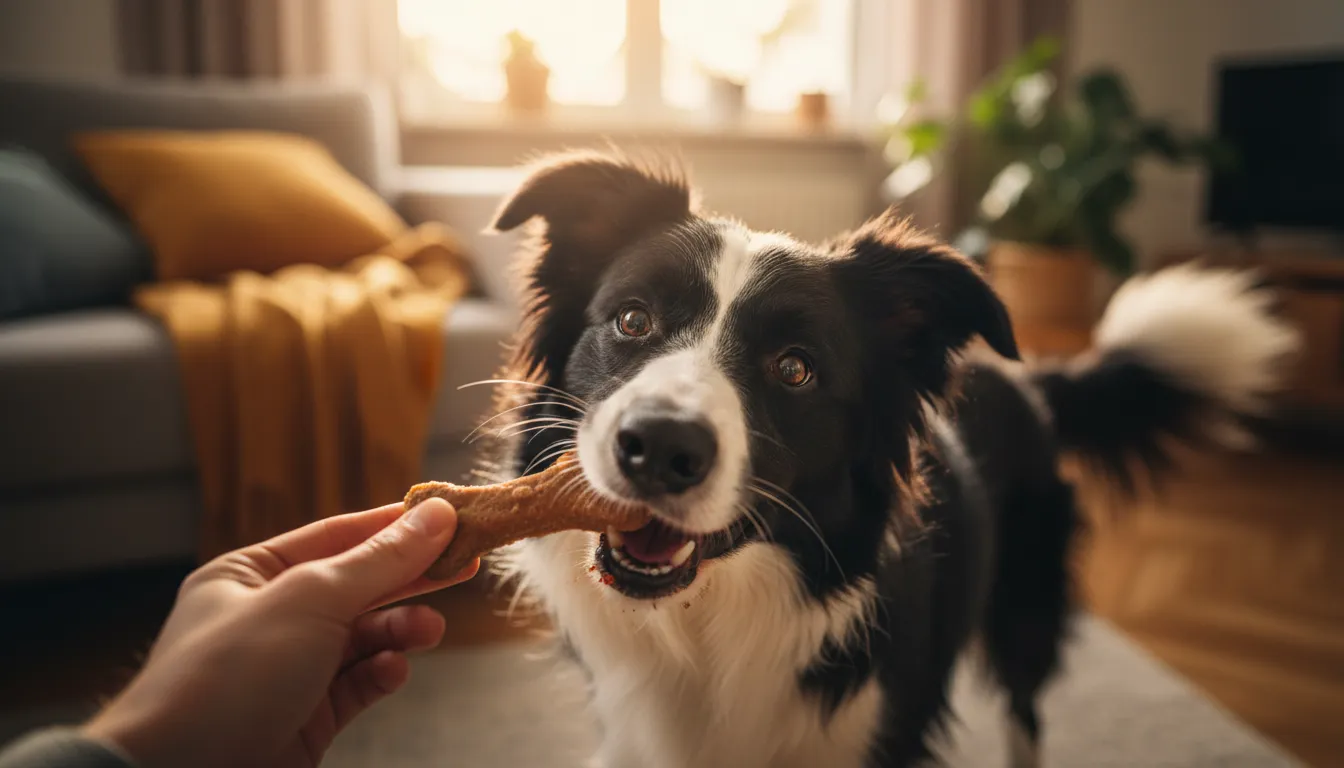 Perro feliz recibiendo un premio delicioso de su dueño tras el corte de uñas