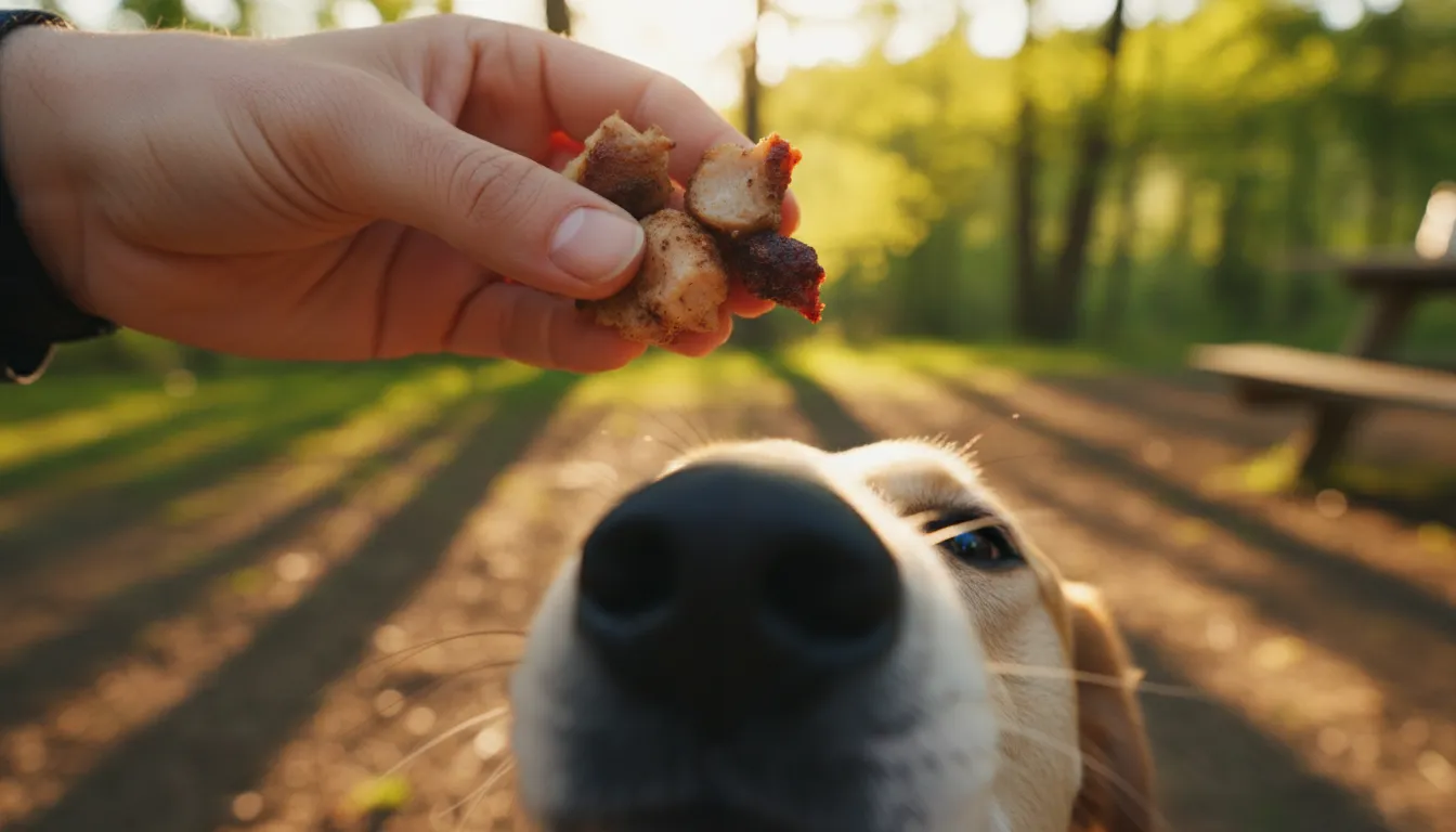 Mano de una persona sosteniendo trozos de pollo cocido o salchicha como premio de alto valor para adiestramiento canino