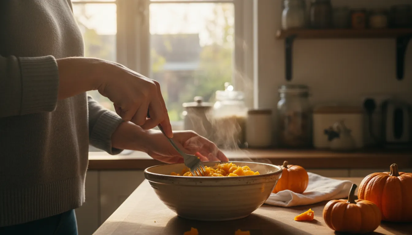 Proceso de preparación de puré de calabaza casero para añadir a la comida del perro