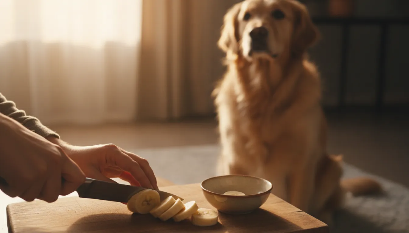 Manos humanas preparando cuidadosamente pequeñas porciones de comida segura para un perro atento