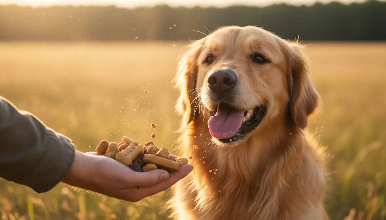 Dueño dando un puñado de premios al mismo tiempo a su perro que se ve muy feliz, representando la técnica del jackpot
