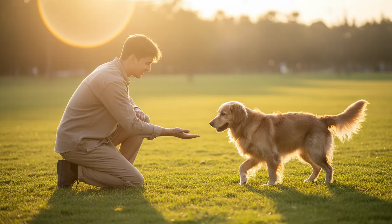 Dueño arrodillado ofreciendo la mano a su perro en un parque, reconstruyendo la confianza, luz cálida de atardecer