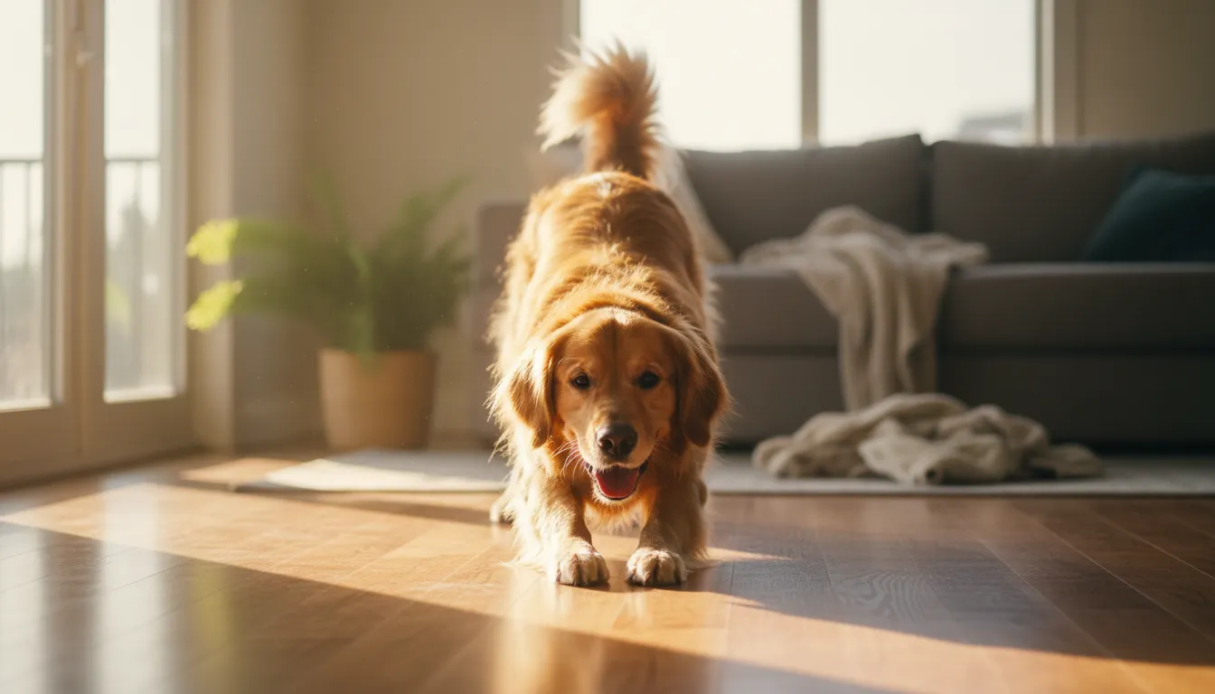 Perro estirándose tranquilamente por la mañana con luz natural suave entrando por la ventana