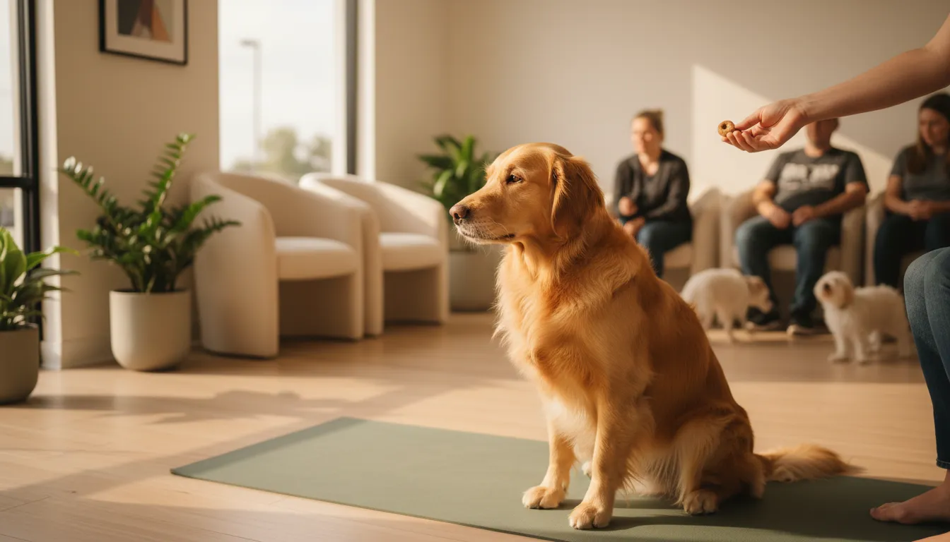 Perro sentado tranquilo en sala de espera alejado de otros animales