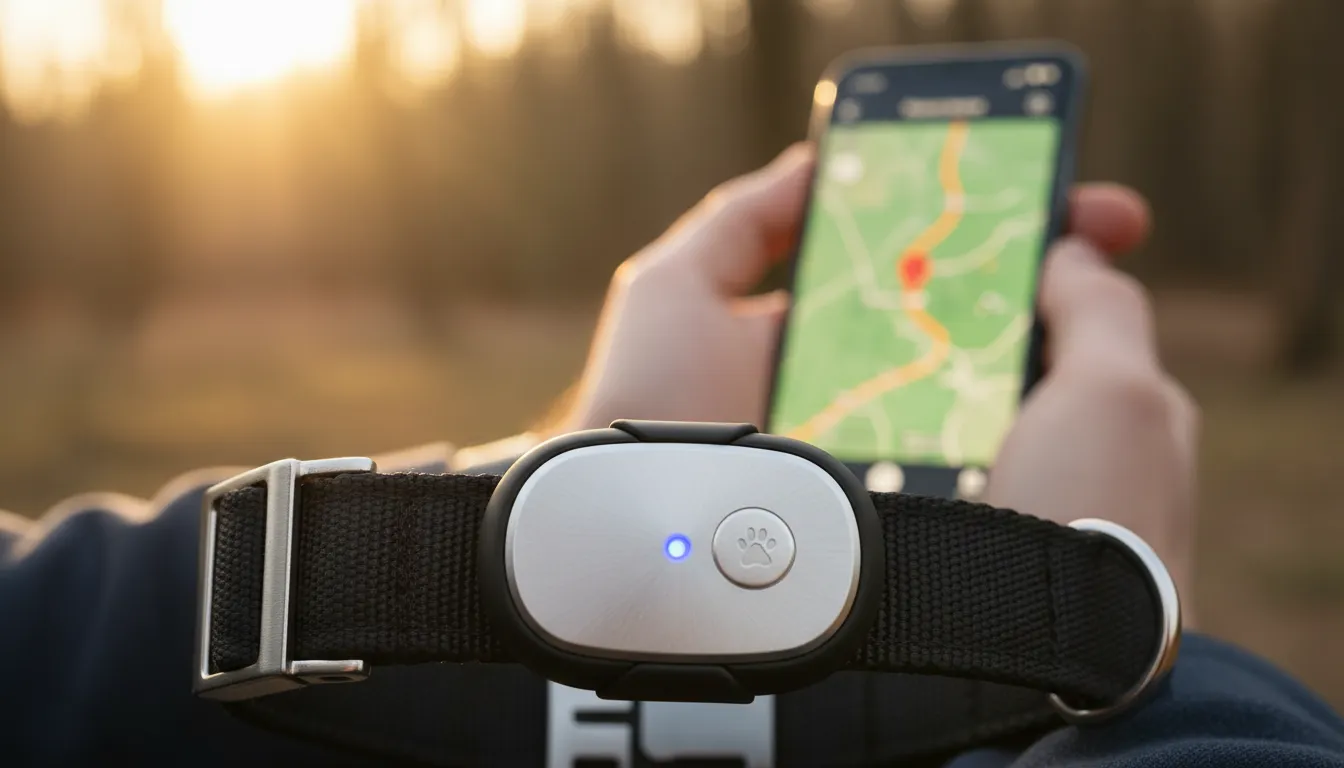 Primer plano de un collar de perro con un dispositivo GPS y un smartphone mostrando un mapa de localización en pantalla