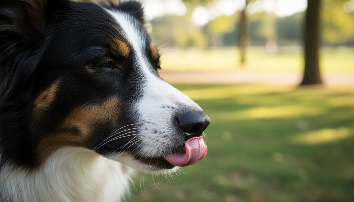 Infografía visual integrada en fotografía que muestra un perro lamiéndose el hocico, una señal de calma clásica