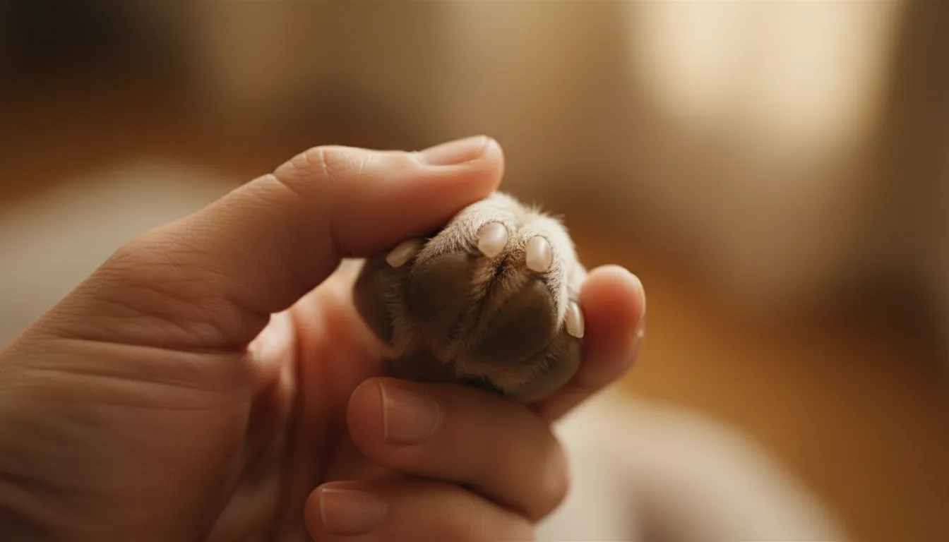 Primer plano de mano humana sujetando suavemente la pata de un perro separando los dedos