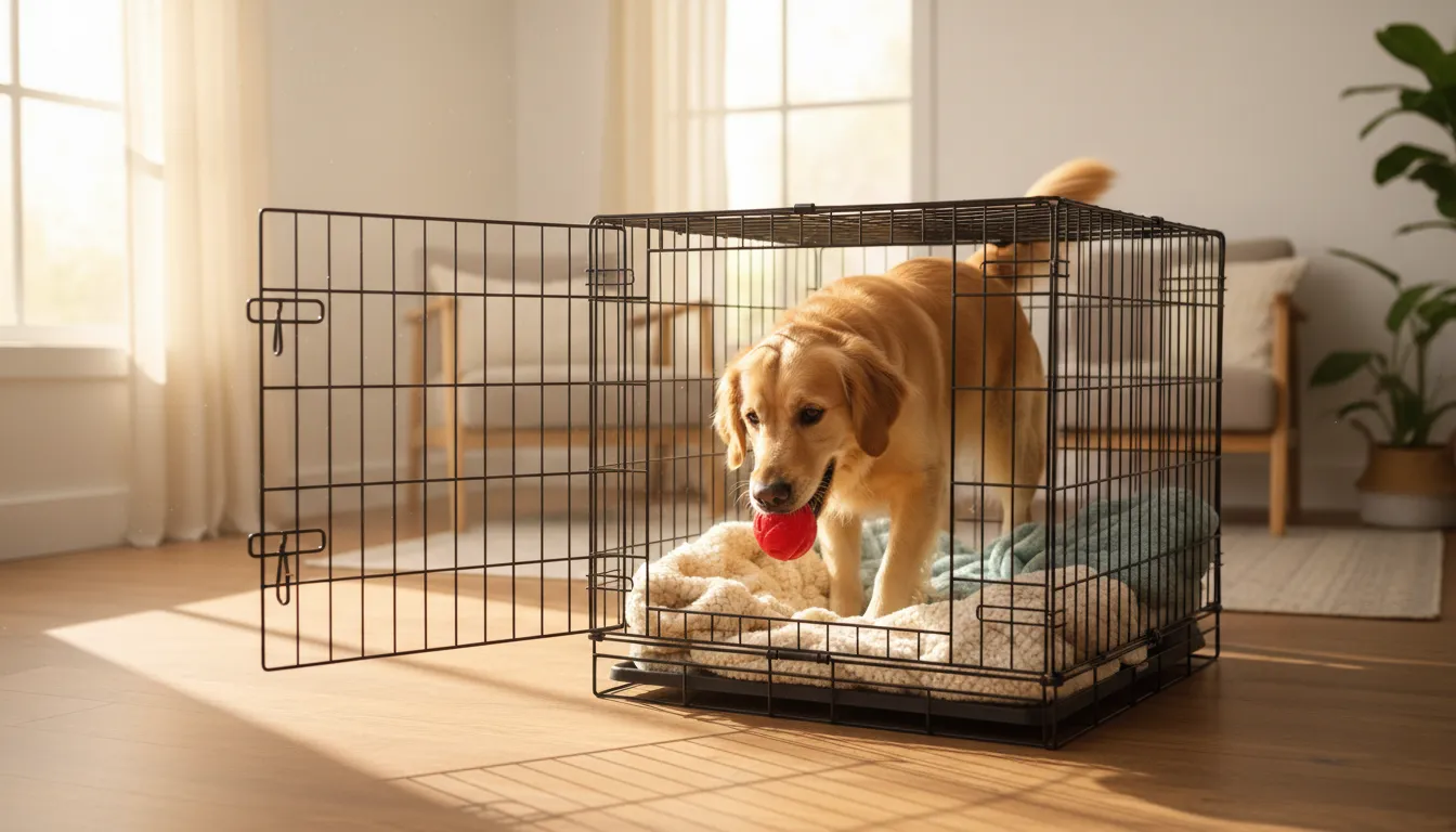 Perro entrando voluntariamente a un transportín cómodo con premios