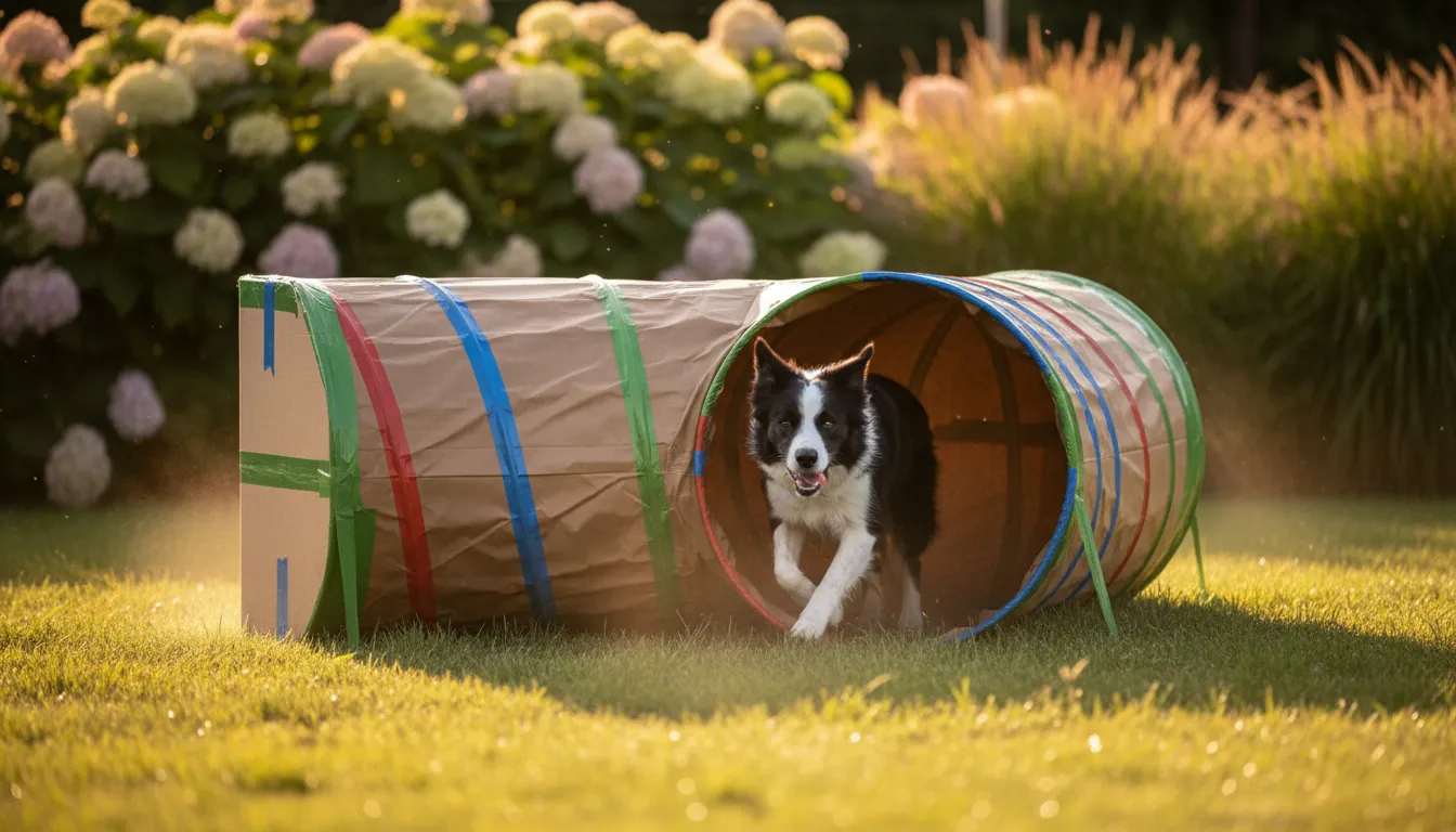 Túnel de agilidad hecho con cajas de cartón unidas en un jardín con un perro atravesándolo