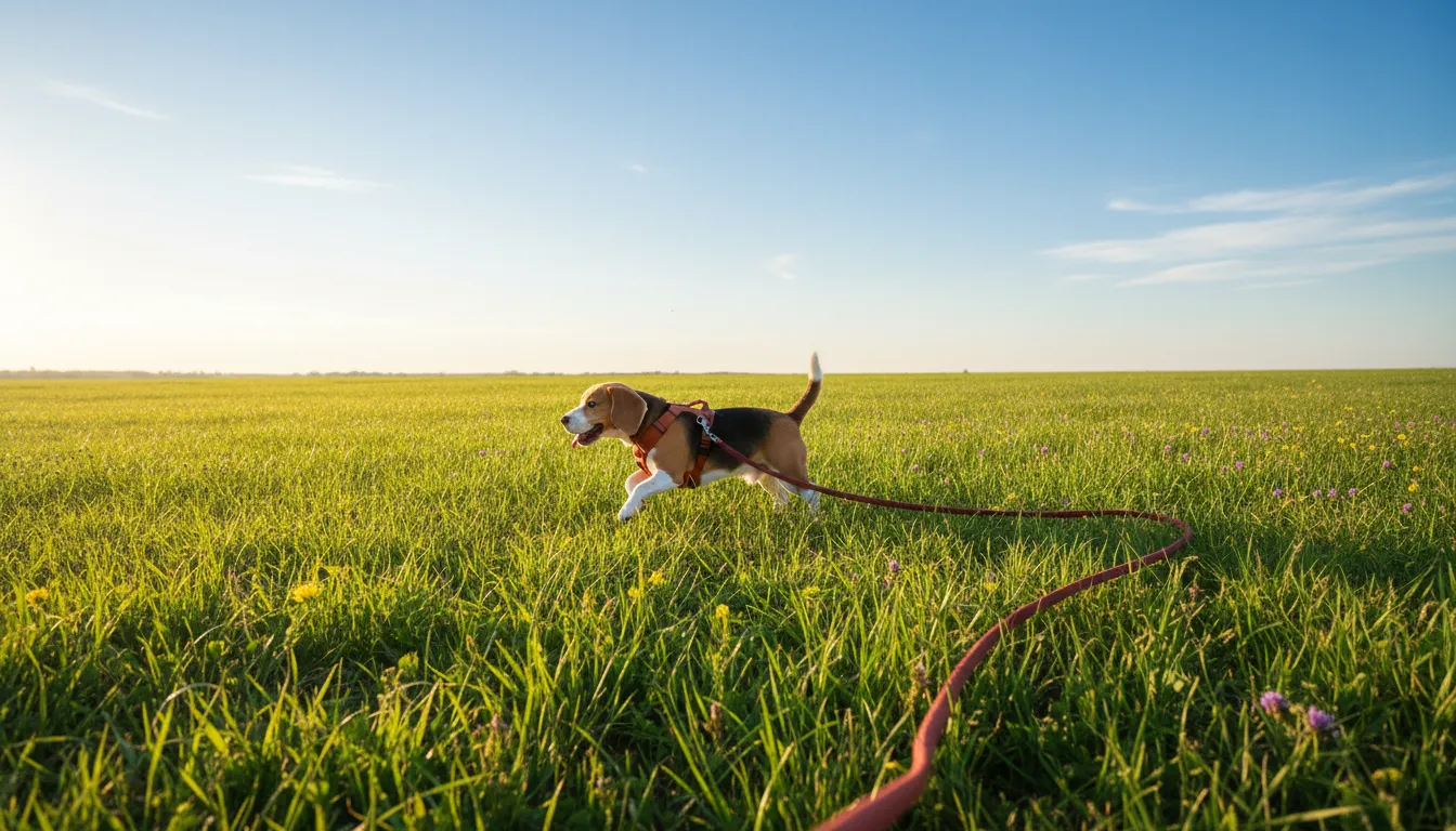 Perro con arnés y una correa de adiestramiento de 10 metros en un campo de hierba, practicando la llamada a distancia
