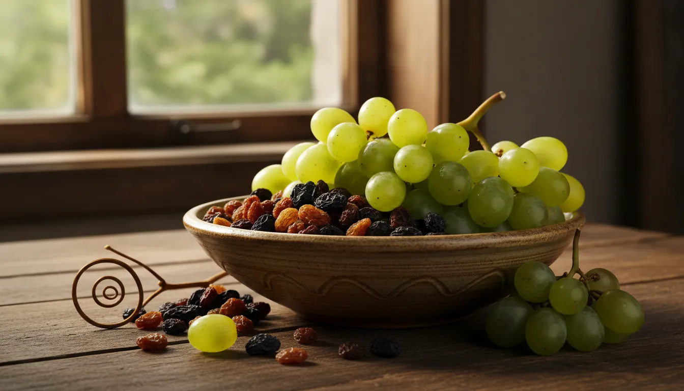 Primer plano de uvas frescas y uvas pasas secas, mostrando contraste de texturas