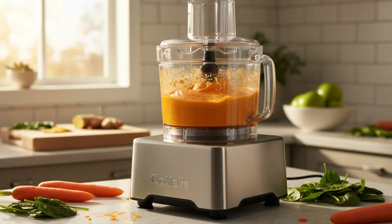 Vegetales siendo triturados en un procesador de alimentos para crear un puré apto para perros