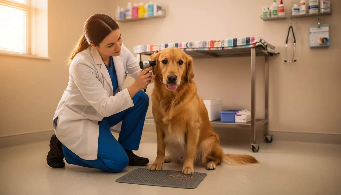 Veterinario examinando a un perro en el suelo mientras le ofrece premios