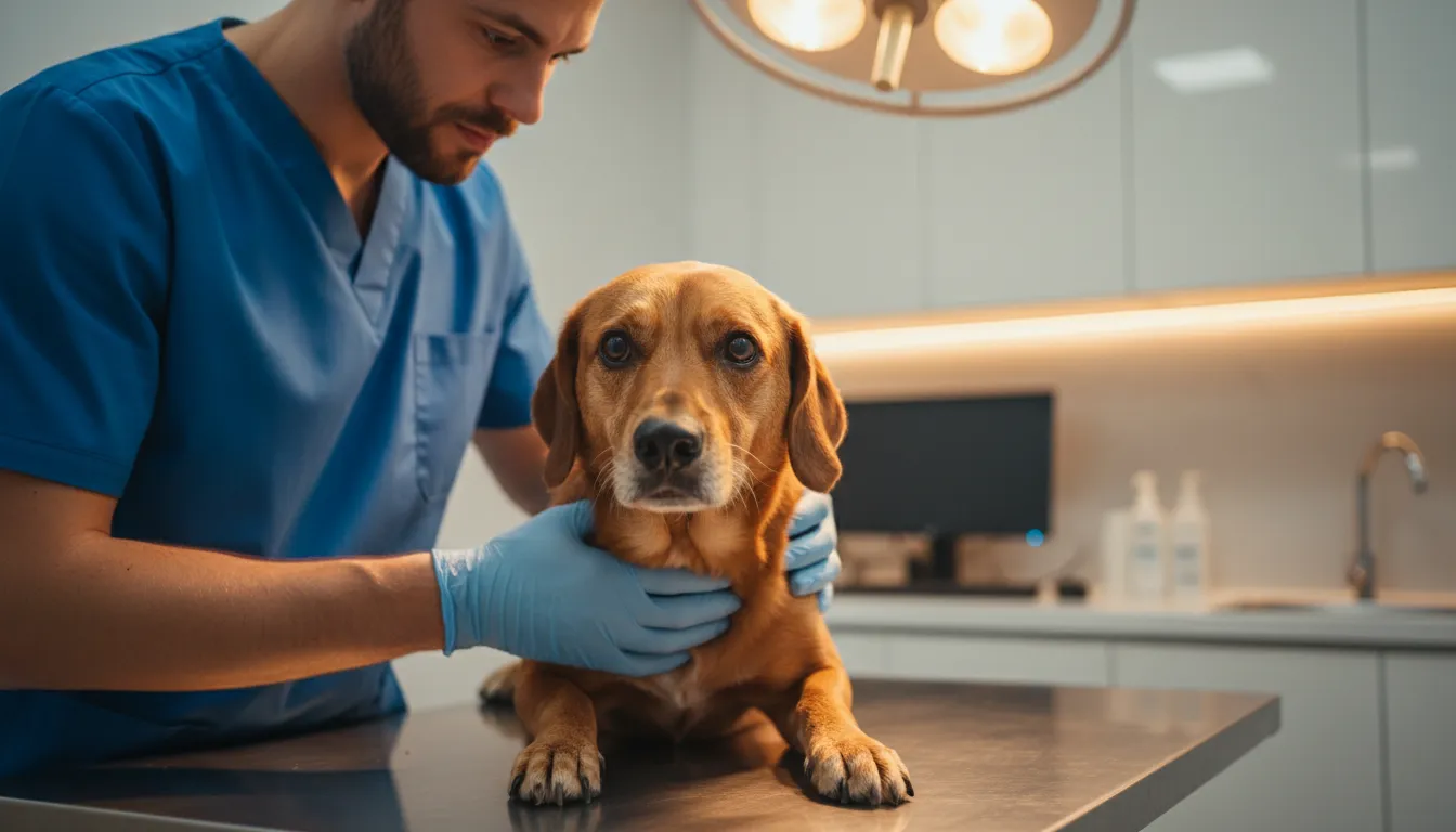 Veterinario profesional examinando a un perro con expresión de preocupación en una clínica moderna