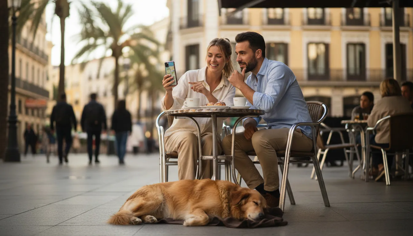 Pareja joven consultando un mapa en el móvil sentados en una terraza soleada en Madrid con su perro descansando a los pies