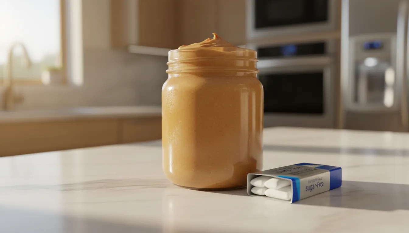 Primer plano de chicles sin azúcar y mantequilla de maní conteniendo xilitol sobre una encimera